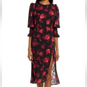 Nordstrom NWT Floral Midi Dress In Black/Red Perfect Condition Size Small